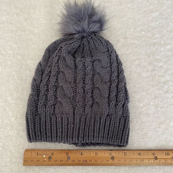 Gray Cable knit Puff Pom Pom Beanie Winter Hat - Picture 2 of 5